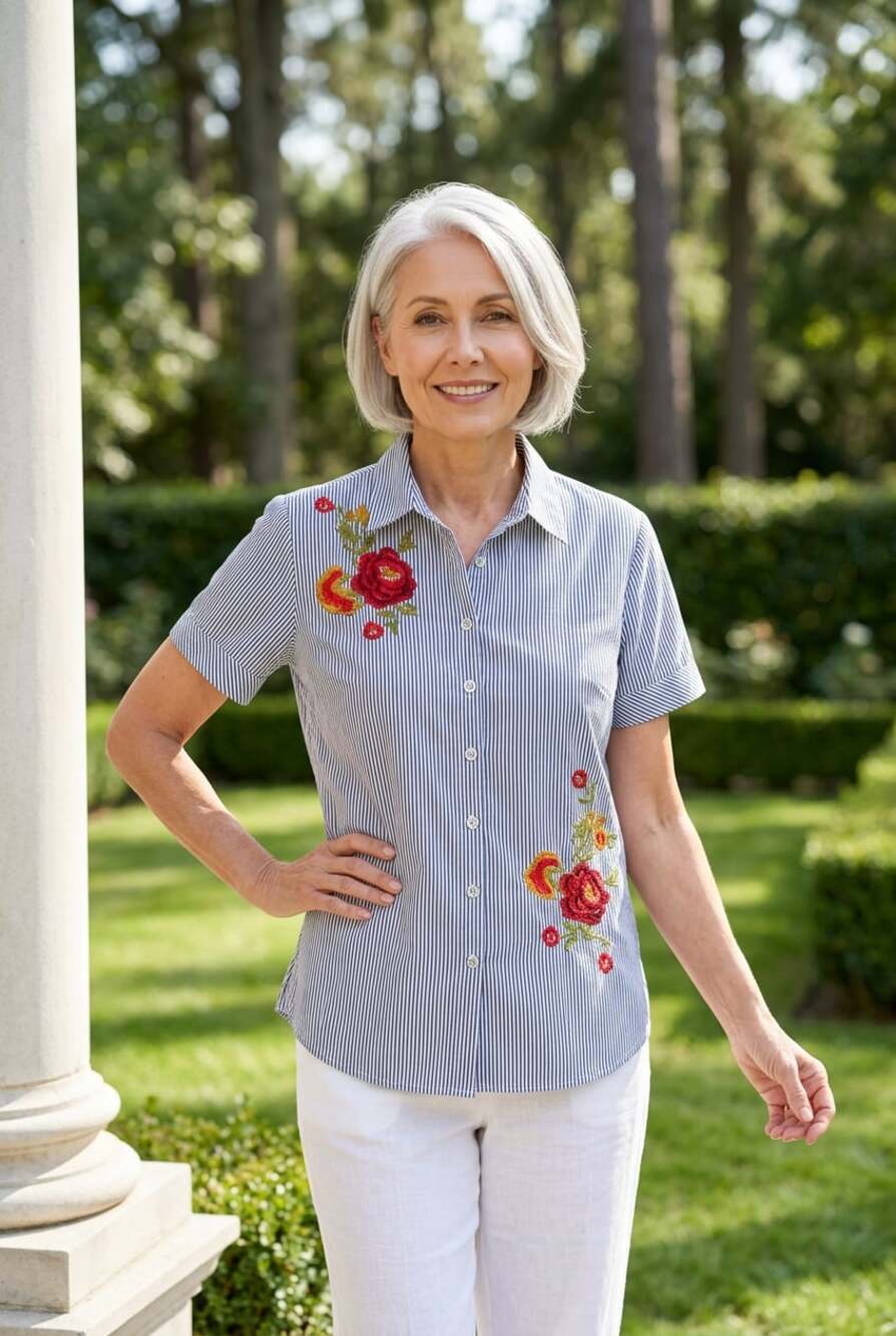 Kontrol Black and White Striped Floral Embroidered Button Up Short Sleeve Blouse